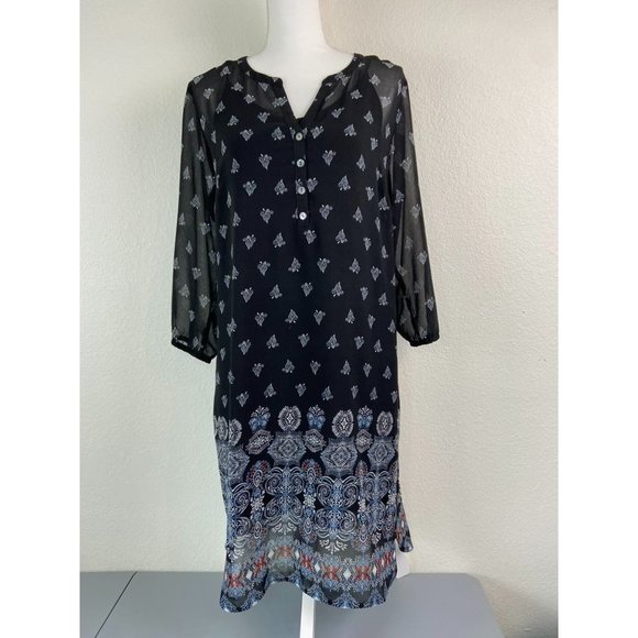 J. Jill women's medium black patterned 3/4‎ sleeve sheer overlay shift dress - Picture 1 of 7